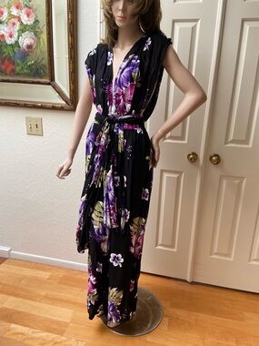 Black Floral Jumpsuit with Purple & Green Blooms